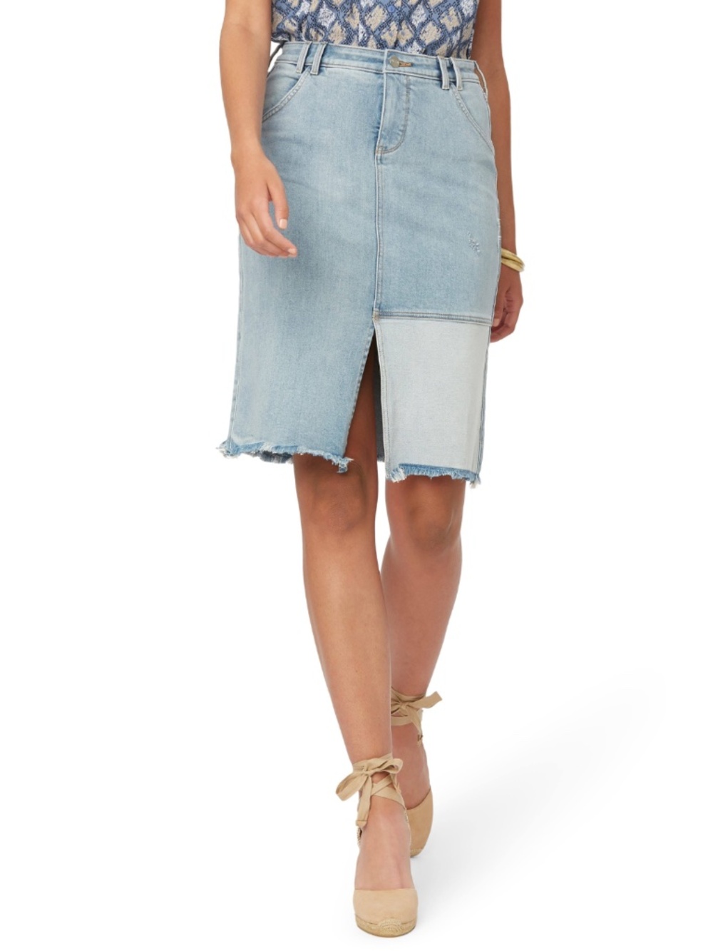 NEW NYDJ Denim Skirt with Patch Detail & Frayed Hem Destructed Radiance Base 12
